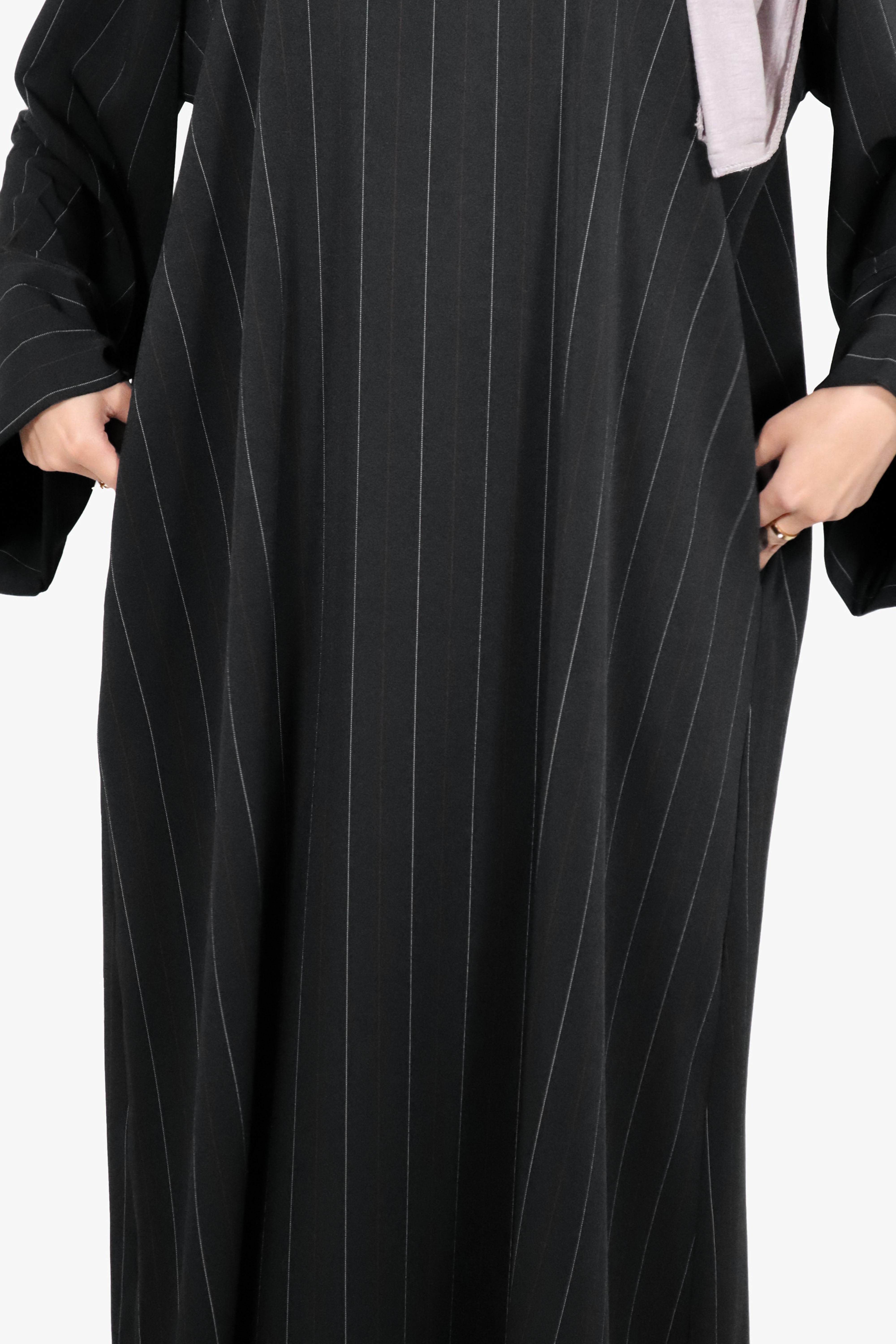 Black with White and Beige Striped Kimono Abaya