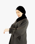 Dark Grey Textured Open Cuff Sleeve Abaya