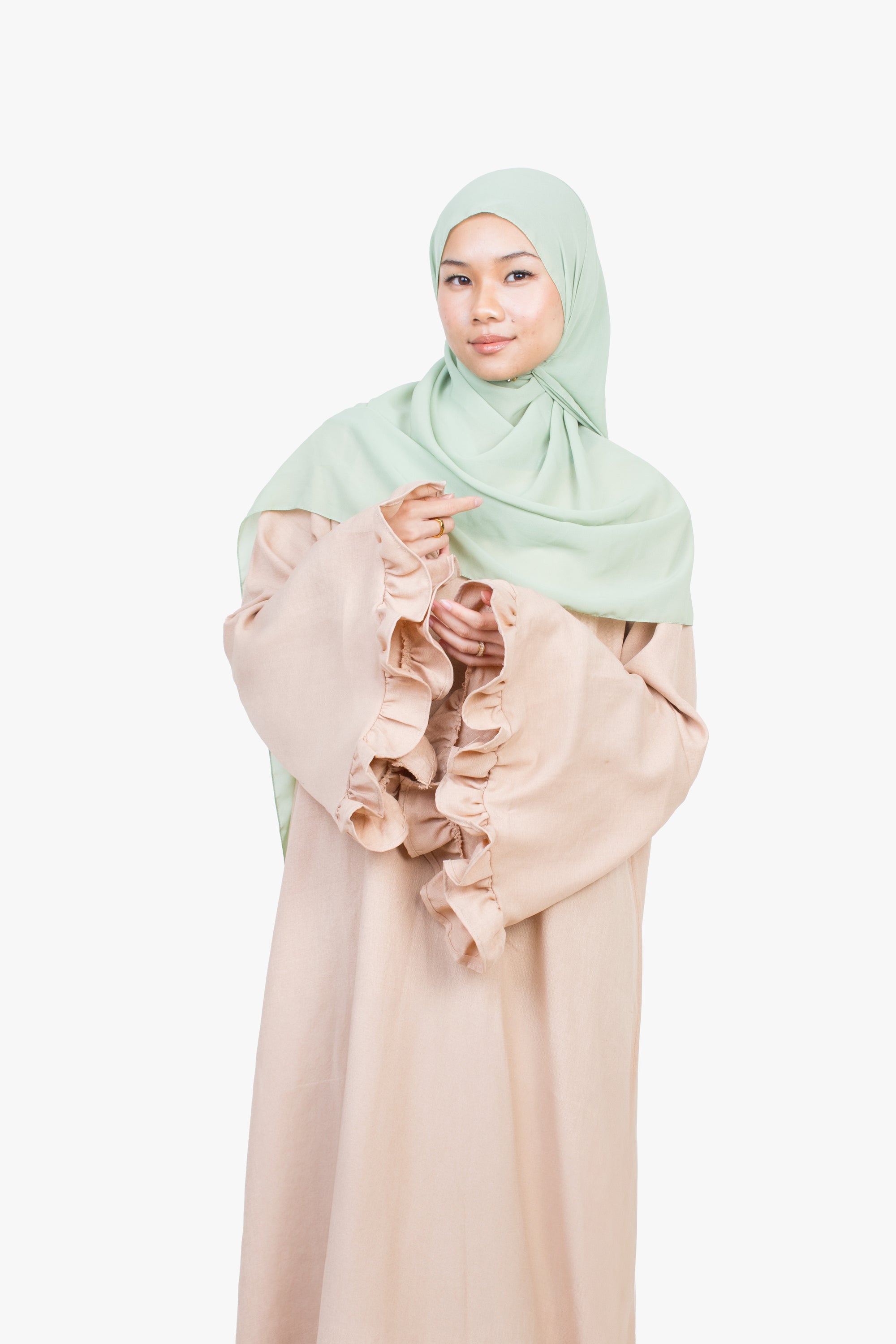 Cream Linen-Feel Flower Sleeve Abaya