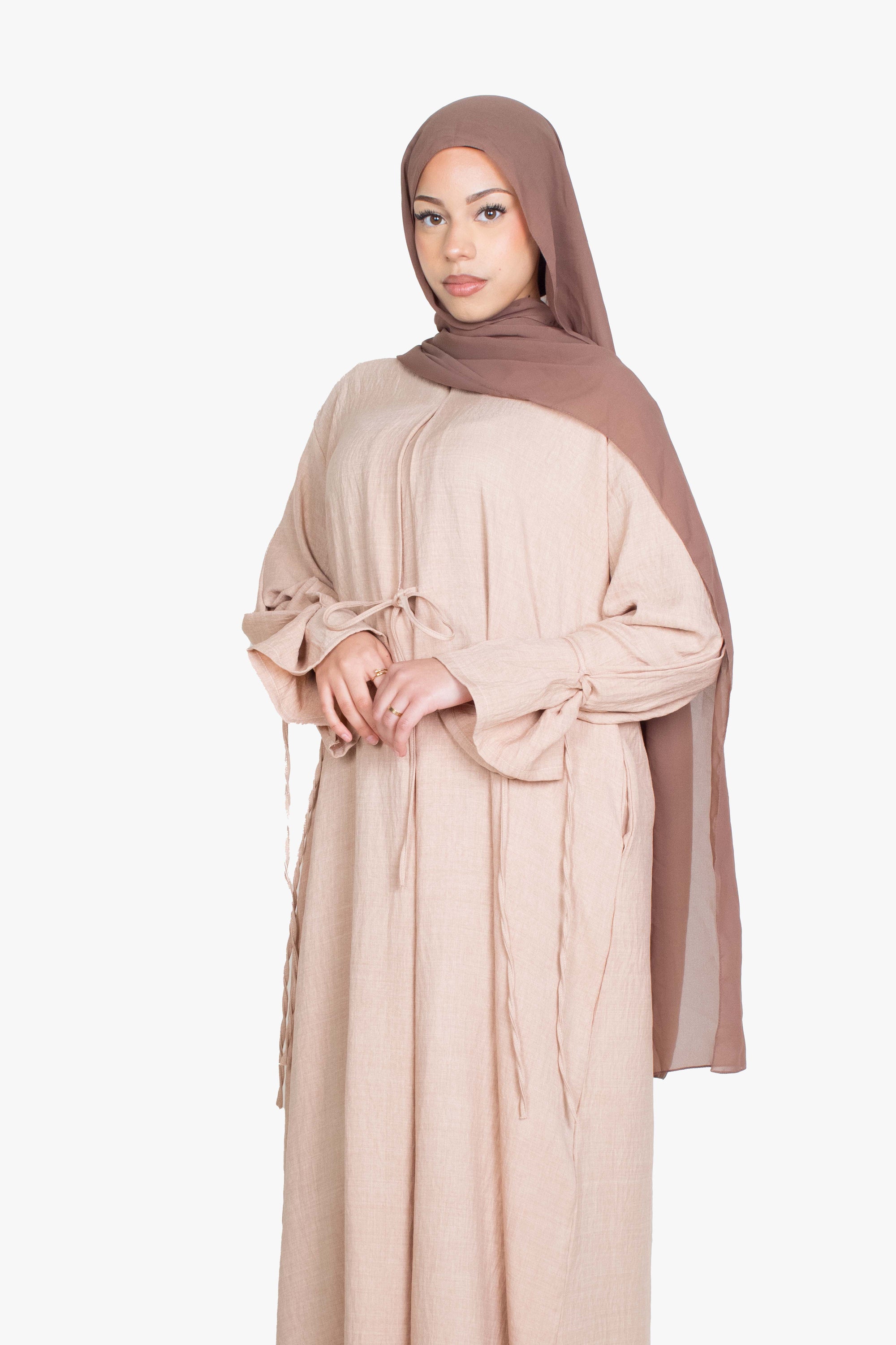 Beige Mélange Ribbon Kimono Abaya