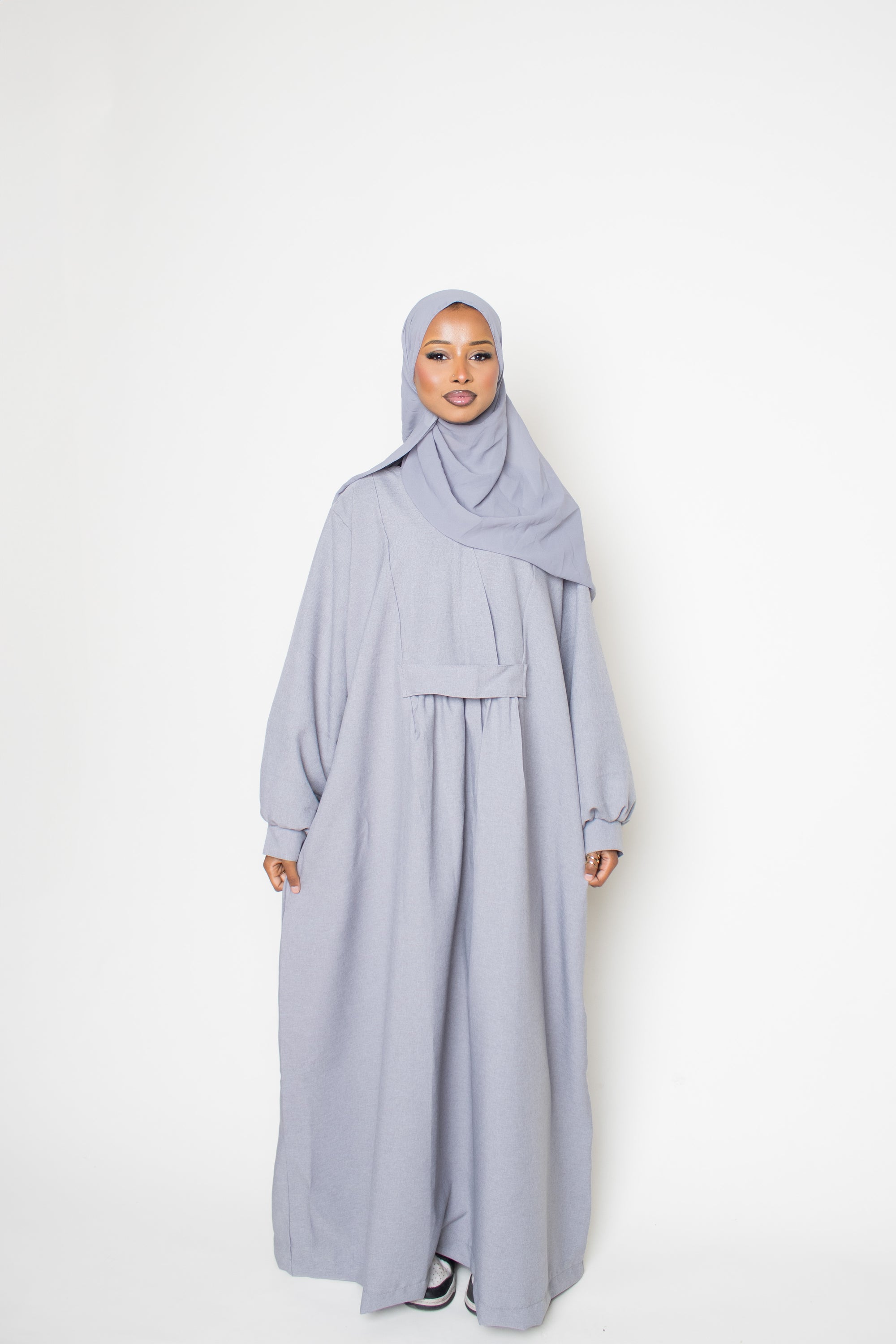 Textured Powder Grey Pleated Bridge Abaya