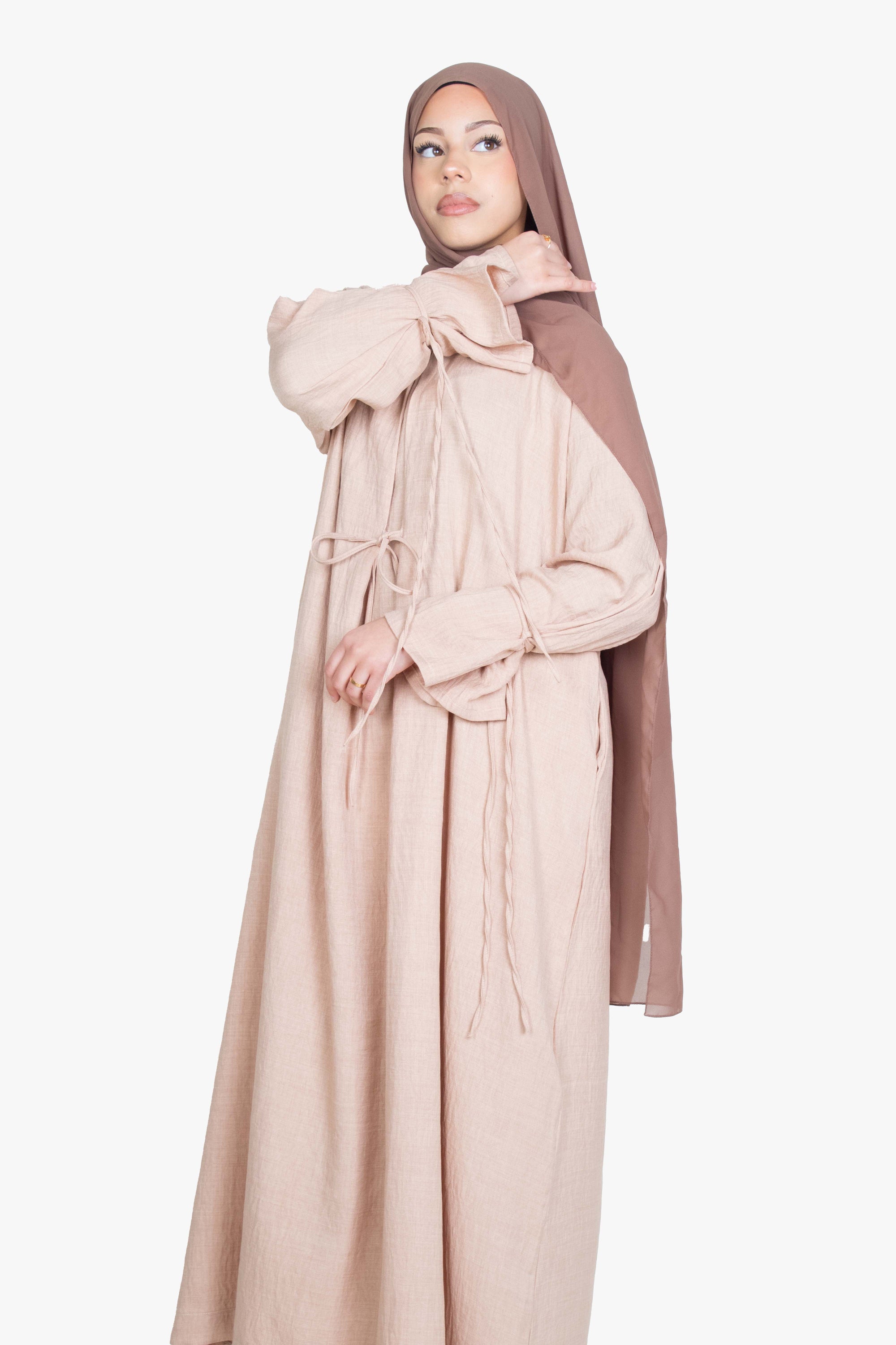 Beige Mélange Ribbon Kimono Abaya