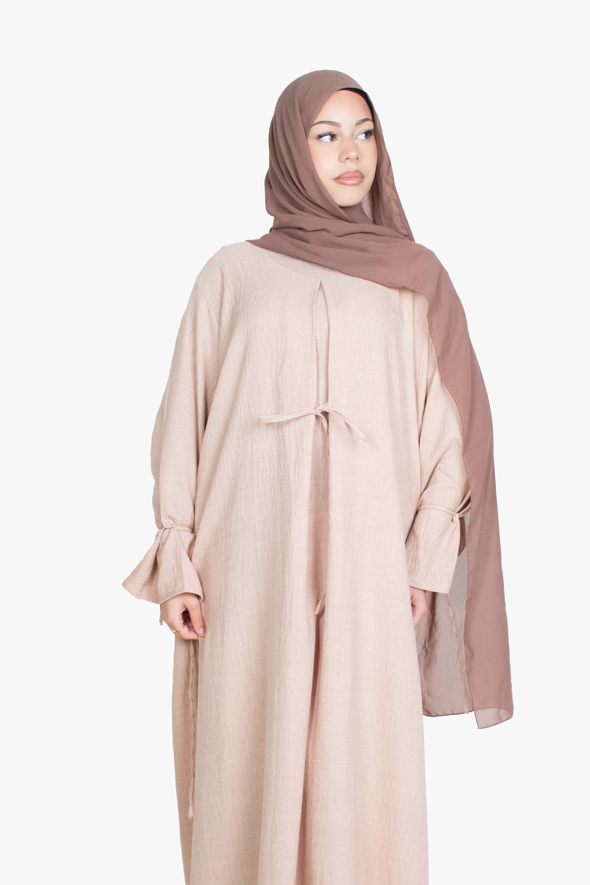 Beige Mélange Ribbon Kimono Abaya