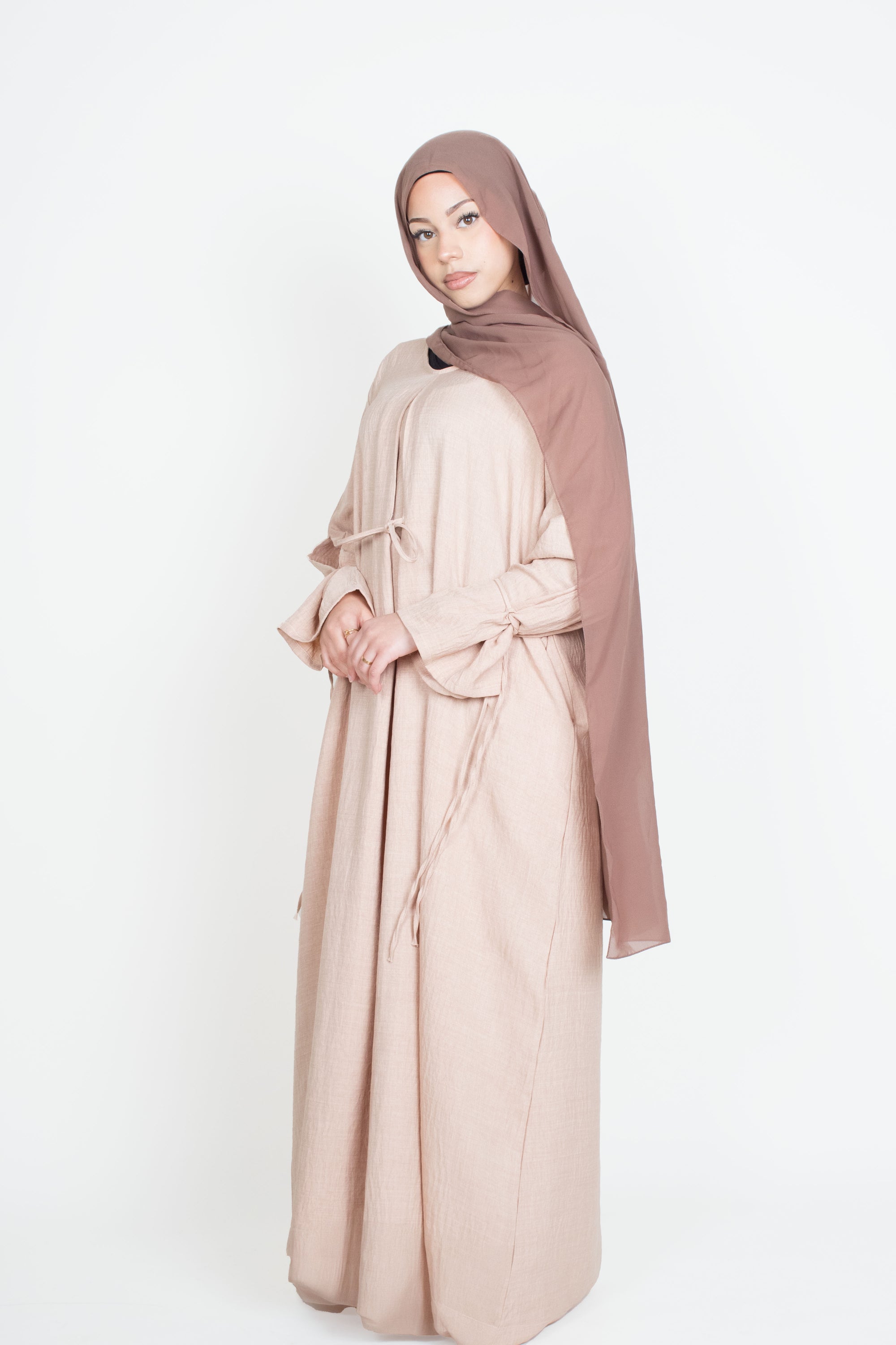 Beige Mélange Ribbon Kimono Abaya