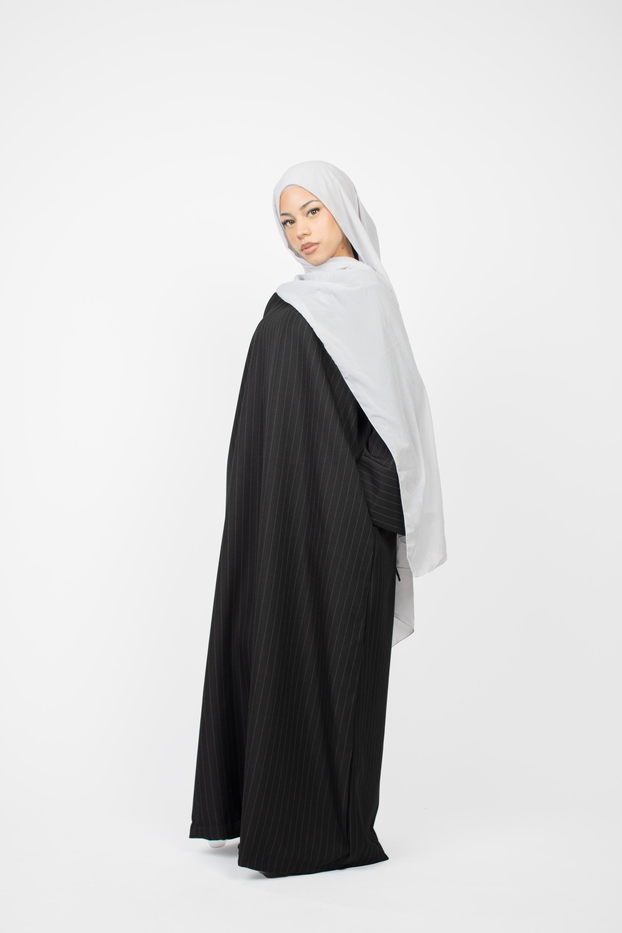 Black with White Striped Kimono Abaya